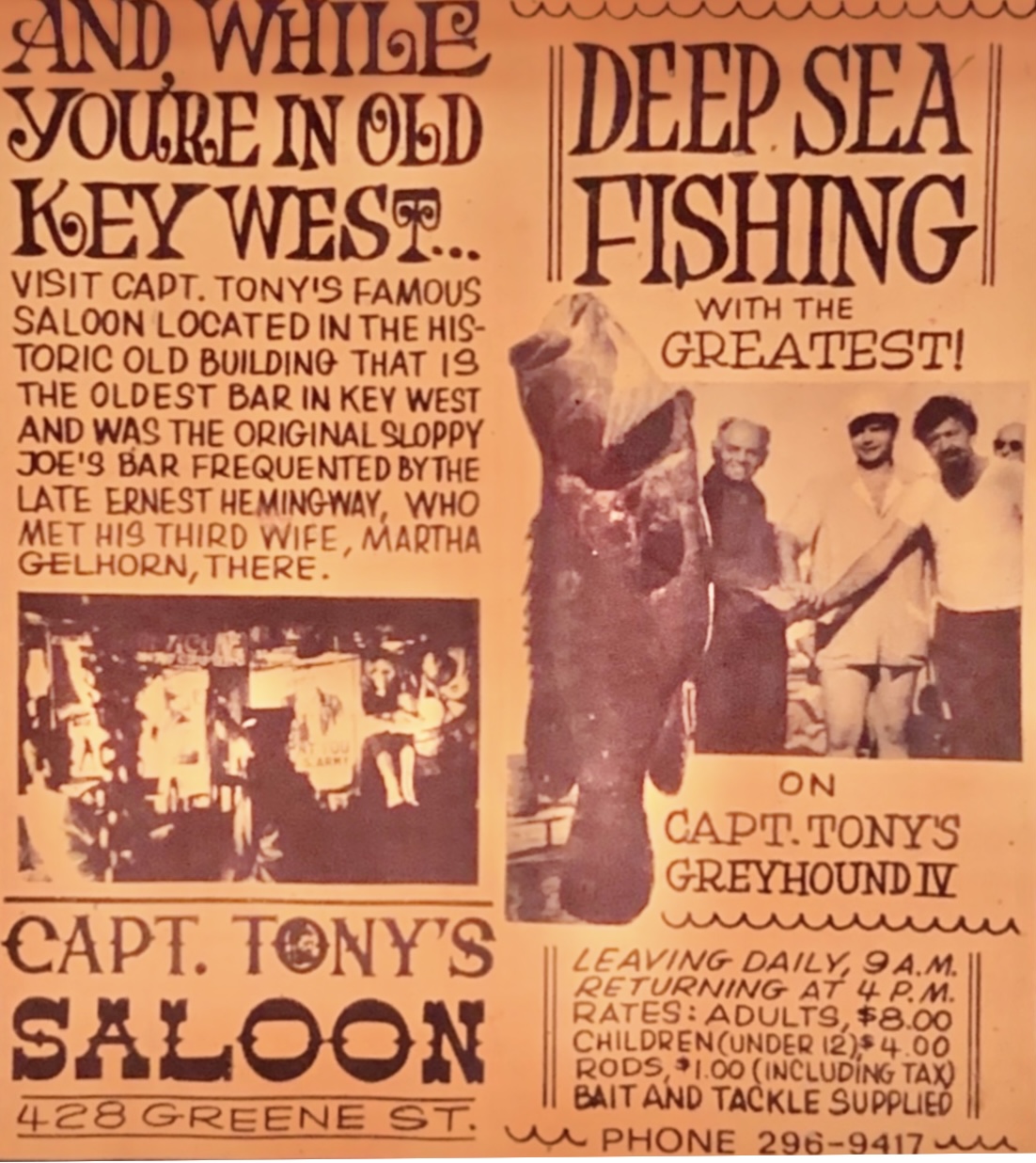 Please excuse me while I brag about my grandfather for a little bit back in the 60s if you went to Key West you could have the time of your life my grandfather could take you fishing right into Cuba or a short trip out on the surrounding reef fishing was amazing on his 65 foot boat you could drink gamble and party when you came back to shore there was a bus waiting for you to go to his bar the original Hemingway bar lots of girls you could play cards above the bar listen to some great entertainment while hanging out with Tennessee Williams Truman Capote or whoever else was hanging out I went there in the late 60s and witnessed it all it was real I ended up working for my grandfather from 1976 till 1983 hell of a time and an education miss that old Pirate